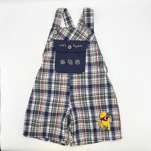 Disney Winnie the Pooh Vintage Y2K Plaid Cotton Shortalls Embroidered Adjustable - Picture 1 of 9